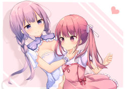 Rule 34 | 2girls, bad id, bad pixiv id, blush, braid, breasts, cleavage, cleavage cutout, closed mouth, clothing cutout, dress, drop shadow, fingernails, hair ribbon, heart, highres, long hair, low twintails, medium breasts, multiple girls, original, pink background, pink dress, puffy short sleeves, puffy sleeves, purple eyes, purple hair, red eyes, red hair, ribbon, shirt, short sleeves, smile, tsuruse, twintails, two-tone background, very long hair, white background, white ribbon, white shirt, wrist cuffs, yuri