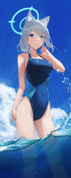 Rule 34 | 1girl, absurdres, animal ear fluff, animal ears, arm at side, bare arms, blue archive, blue eyes, blue one-piece swimsuit, blue sky, blush, breasts, cloud, cloudy sky, competition swimsuit, contrapposto, covered navel, gluteal fold, grey hair, groin, hair ornament, halo, hand on own hip, highleg, highleg swimsuit, highres, looking at viewer, medium breasts, mismatched pupils, ocean, one-piece swimsuit, partially submerged, shiroko (blue archive), shiroko (swimsuit) (blue archive), short hair, sidelocks, sky, so shio, solo, swimsuit, thighs, wading, water, wet, wolf ears, x hair ornament
