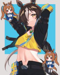 Rule 34 | 2girls, :&lt;, :o, absurdres, animal ears, arms behind head, belt, black jacket, black skirt, blue background, blue bow, blue bowtie, blue dress, blush stickers, border, bow, bowtie, brown hair, closed mouth, daiwa scarlet (umamusume), dress, dual persona, full body, grey border, hair over one eye, highres, horse ears, horse girl, horse tail, jacket, jewelry, kan&#039;yu (citron 82), long hair, looking at viewer, multiple girls, navel, necklace, open mouth, orange eyes, orange hair, shirt, skirt, sleeves rolled up, smile, tail, thighhighs, twintails, umamusume, v-shaped eyebrows, vodka (umamusume), white legwear, yellow eyes, yellow shirt