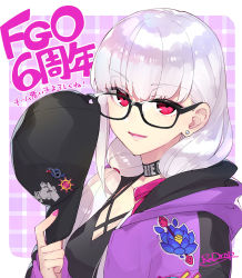 Rule 34 | 1girl, baseball cap, black camisole, black hat, blush, breasts, camisole, choker, collarbone, fate/grand order, fate (series), glasses, hair ribbon, hat, heroic spirit tour outfit, hood, hooded jacket, jacket, kama (fate), kama (tour outfit) (fate), large breasts, long hair, looking at viewer, low twintails, purple jacket, red eyes, redrop, ribbon, silver hair, solo, twintails, unworn hat, unworn headwear