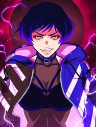 Rule 34 | 1girl, akairiot, black hair, blue hair, breasts, cleavage, collar, highres, jacket, lightning, looking at viewer, medium breasts, multicolored clothes, multicolored hair, multicolored jacket, open clothes, open jacket, open mouth, purple eyes, reina (tekken), see-through, see-through cleavage, see-through shirt, shirt, short hair, solo, teeth, tekken, tekken 8, two-tone jacket