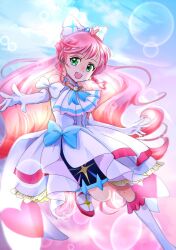 Rule 34 | 1girl, ascot, blue bow, blue sky, boots, bow, braid, brooch, cloud, cloudy sky, commentary, cure prism, day, dress, dress bow, earrings, elbow gloves, french braid, gloves, gradient sky, green eyes, highres, hirogaru sky! precure, jewelry, knee boots, layered dress, leg up, lens flare, long hair, looking at viewer, magical girl, manekineko5319, medium dress, nijigaoka mashiro, open mouth, outdoors, pink hair, pink sky, precure, side braids, sky, smile, solo, standing, standing on one leg, very long hair, white ascot, white bow, white dress, white footwear, white gloves, wing brooch