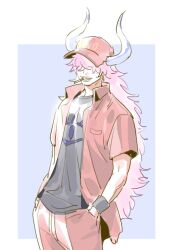 Rule 34 | blue background, cigarette, earrings, hair over eyes, hands in pockets, horns, jewelry, long hair, male focus, one piece, pants, pink hair, raine (acke2445), rectangle, shirt, simple background, smile, solo, upper body, white background, who&#039;s who (one piece)