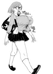Rule 34 | 1girl, bag, binzoko (doctor masube), bouncing breasts, breasts, doctor masube, glasses, highres, huge breasts, monochrome, opaque glasses, school uniform, shoulder bag, skirt, solo, sound effects, tagme, white background