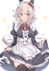 Rule 34 | 1girl, :d, alternate costume, animal ears, apron, black dress, black thighhighs, bow, breasts, center frills, clothes lift, cowboy shot, curren chan (umamusume), dress, dress lift, ear bow, ear covers, enmaided, frilled apron, frills, grey hair, heart, highres, horse ears, horse girl, horse tail, juliet sleeves, kannagiray, lifting own clothes, long sleeves, looking at viewer, maid, maid apron, maid headdress, medium breasts, open mouth, puffy sleeves, purple eyes, red bow, short hair, smile, solo, tail, thighhighs, twitter username, umamusume, white apron