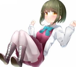 Rule 34 | 10s, 1girl, blue bow, blue bowtie, blunt bangs, blush, boots, boruhis, bow, bowtie, brown footwear, closed mouth, collared shirt, cross-laced footwear, dress, eyebrows, full body, green hair, grey pantyhose, kantai collection, knees together feet apart, knees up, lace-up boots, long sleeves, looking at viewer, pantyhose, pink dress, shirt, short hair, sidelocks, simple background, sleeveless, solo, takanami (kancolle), tears, white background, white shirt, yellow eyes