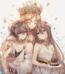 Rule 34 | 1boy, 2girls, adele (fate), anniversary, blonde hair, brown hair, cake, confetti, crown, csyday, europa (fate), closed eyes, fate/grand order, fate (series), food, green eyes, long hair, makarios (fate), multiple girls, siblings, signature, twins