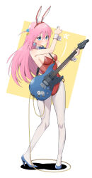 Rule 34 | 1girl, absurdres, animal ears, blue bow, blue bowtie, blue eyes, bocchi the rock!, bow, bowtie, breasts, chen yang yang, cube hair ornament, earrings, electric guitar, fake animal ears, full body, gotoh hitori, guitar, hair ornament, hairband, high heels, highres, holding, holding instrument, holding plectrum, ijichi nijika, instrument, jewelry, leotard, long hair, medium breasts, pantyhose, parted lips, pink hair, playboy bunny, plectrum, red hairband, red leotard, side ahoge, solo, sticker, strap, white pantyhose, wire, yamada ryo