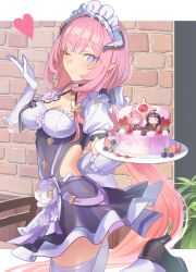 Rule 34 | 1girl, absurdres, apron, black dress, black footwear, blue eyes, blueberry, blush, breasts, brick wall, cake, character doll, cleavage, closed mouth, clothing cutout, commentary request, cropped legs, dress, elbow gloves, elf, elysia (honkai impact), elysia (miss pink elf) (honkai impact), food, fruit, gloves, hands up, heart, high heels, highres, holding, holding plate, honkai (series), honkai impact 3rd, karame rise, leg up, letterboxed, long hair, looking at viewer, maid, maid apron, maid headdress, one eye closed, outside border, pink hair, pink pupils, plate, pointy ears, puffy short sleeves, puffy sleeves, raiden mei, raiden mei (herrscher of thunder), short sleeves, side cutout, smile, solo, strawberry, thighhighs, white gloves, white headdress, white thighhighs