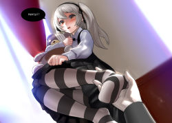 Rule 34 | 10s, 1boy, 1girl, bad id, bad pixiv id, blush, boko (girls und panzer), brown eyes, dress, feet, girls und panzer, holding another&#039;s foot, holding with feet, looking at viewer, no shoes, pantyhose, pov, shimada arisu, silver hair, striped clothes, striped pantyhose, stuffed animal, stuffed toy, tears, teddy bear, twintails, zymv587