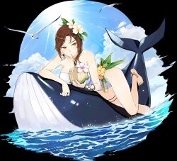 Rule 34 | 1girl, artist request, barefoot, bird, brown hair, chi xuan (iron saga), cloud, drink, earrings, flower, hair flower, hair ornament, iron saga, jewelry, mole, mole under eye, official art, swimsuit, third-party source, water, whale, yellow eyes