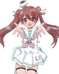 Rule 34 | 1girl, blush, brown eyes, brown hair, dress, fang, hair between eyes, hair ribbon, hat, kantai collection, libeccio (kancolle), long hair, nikai kara momoshio, one-hour drawing challenge, open mouth, outstretched arms, ribbon, sailor collar, sailor dress, simple background, skin fang, sleeveless, sleeveless dress, solo, striped neckwear, twintails, white background, white sailor collar
