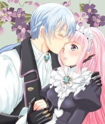 Rule 34 | 1boy, 1girl, alternate hair color, blue hair, blunt bangs, blush, braid, butler, closed eyes, felicia (fire emblem), fire emblem, fire emblem fates, floral background, green eyes, hand on another&#039;s shoulder, hetero, highres, jakob (fire emblem), jewelry, kiss, kissing forehead, long hair, maid, maid headdress, nintendo, one eye closed, open mouth, pink hair, ponytail, sidelocks, tafua