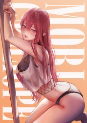 Rule 34 | 1girl, armpits, black panties, blush, breasts, character name, commentary, cosplay, crop top, crop top overhang, crown, english commentary, from side, hair behind ear, highres, holding, holding staff, hololive, hololive english, hyde (tabakko), jewelry, large breasts, long hair, mori calliope, mori calliope (streetwear), nail polish, necklace, official alternate costume, panties, parted lips, pink hair, shirt, solo, staff, underwear, virtual youtuber, white shirt