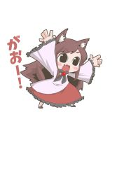 Rule 34 | 1girl, :3, animal ears, black eyes, blush stickers, brown hair, chibi, fang, full body, growling, imaizumi kagerou, long hair, neckerchief, open mouth, outstretched arms, red skirt, simple background, skirt, solo, spread arms, tail, touhou, white background, wide sleeves, wolf ears, wolf tail, zannen na hito