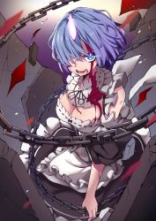 Rule 34 | 1girl, absurdres, bare shoulders, black ribbon, blood, blood on clothes, blood on face, blue eyes, blue hair, breasts, chain, cleavage, commentary request, detached sleeves, dress, frills, hair ornament, hair over one eye, highres, holding, holding chain, horns, looking at viewer, maid, maid headdress, mamemochi, open mouth, re:zero kara hajimeru isekai seikatsu, rem (re:zero), ribbon, short hair, single horn, solo, teeth