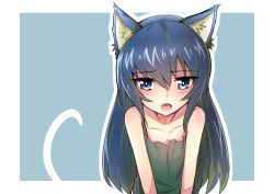 Rule 34 | absurdres, animal ears, bare shoulders, between legs, black hair, blue background, blue eyes, breasts, cat ears, chiro (user qgp7965), collarbone, girls und panzer, green shirt, half-closed eyes, hand between legs, highres, leaning forward, long hair, looking at viewer, open mouth, outline, outside border, reizei mako, shirt, simple background, small breasts, tired, white outline