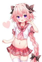Rule 34 | 1boy, :d, astolfo (fate), astolfo (sailor paladin) (fate), black ribbon, blush, braid, fang, fate/apocrypha, fate/grand order, fate (series), hair ribbon, heart, highres, long hair, looking at viewer, male focus, midriff, navel, official alternate costume, open mouth, pink hair, pink skirt, purple eyes, ribbon, school uniform, serafuku, shiodome oji, simple background, skirt, smile, solo, thighhighs, trap, v, white background, white thighhighs, zettai ryouiki