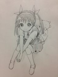 Rule 34 | 1girl, backpack, bag, bakemonogatari, bow, graphite (medium), hachikuji mayoi, hair bow, looking at viewer, monochrome, monogatari (series), namori, own hands clasped, own hands together, randoseru, sitting, sketch, skirt, smile, solo, traditional media, twintails, x arms