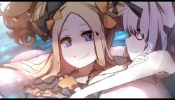 Rule 34 | 2girls, abigail williams (fate), absurdres, animal, bad id, bad twitter id, bags under eyes, bare arms, bare shoulders, bikini, black bikini, black bow, blonde hair, blue eyes, bow, closed mouth, collarbone, day, double bun, emerald float, fate/grand order, fate (series), hair bow, hair bun, halterneck, highres, innertube, lavinia whateley (emerald float) (fate), lavinia whateley (fate), long hair, multiple girls, octopus, official alternate costume, orange bow, outdoors, parted bangs, pink innertube, profile, red eyes, side bun, silver hair, single side bun, smile, swim ring, swimsuit, wada kazu, water, wavy mouth, wide-eyed