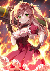 Rule 34 | 1girl, black gloves, black thighhighs, brown hair, commentary request, commission, cowboy shot, dress, fire, frilled dress, frills, gloves, green eyes, grin, hair ornament, hand on own hip, highres, indie virtual youtuber, long hair, looking at viewer, m1 bazooka, partial commentary, puffy short sleeves, puffy sleeves, red dress, rocket launcher, short dress, short sleeves, skeb commission, smile, solo, standing, tanmaru kade, thighhighs, trigger discipline, twitter username, two side up, underbust, virtual youtuber, weapon, yukinko (yukiwork)