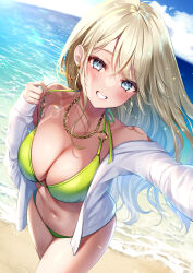 Rule 34 | 1girl, bare shoulders, beach, bikini, blonde hair, blue eyes, breasts, cleavage, day, earrings, green bikini, grin, halterneck, highres, hoop earrings, jacket, jewelry, large breasts, long hair, long sleeves, looking at viewer, navel, necklace, o-ring, o-ring bikini, off shoulder, open clothes, open jacket, original, outdoors, outstretched arm, pulling own clothes, smile, solo, stomach, strap pull, string bikini, swimsuit, thighs, very long hair, water, white jacket, yugirlpict