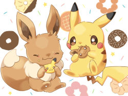 Rule 34 | 1boy, 1girl, :3, animal, animal focus, bread, brown eyes, closed mouth, commentary request, cookie, creatures (company), doughnut, eating, eevee, closed eyes, food, food bite, food on face, game freak, gen 1 pokemon, kana (maple926), melon bread, mochi, nintendo, no humans, pastry, pikachu, pokemon, pokemon (creature), toes