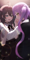 Rule 34 | 2girls, absurdres, brown hair, butler, crossdressing, fingernails, highres, holding another&#039;s arm, hololive, looking at another, looking at viewer, multiple girls, natsuiro matsuri, natsuiro matsuri (casual), purple hair, sideways glance, thomas 8000, tokoyami towa, virtual youtuber, waistcoat