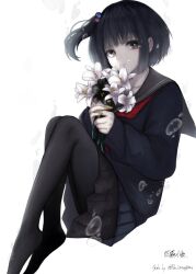 Rule 34 | 1girl, amemori sayo, black eyes, black flower, black hair, black pantyhose, black sailor collar, black serafuku, black shirt, black skirt, character name, closed mouth, feet, floating hair, flower, from side, full body, holding, holding flower, invisible chair, knees together feet apart, long sleeves, looking at viewer, miniskirt, neckerchief, nijisanji, no shoes, one side up, pantyhose, pleated skirt, red neckerchief, sailor collar, school uniform, serafuku, shirt, short hair, sidelocks, simple background, sitting, skirt, sleeve cuffs, sleeves past wrists, smile, solo, suzukano pon, twitter username, virtual youtuber, white background, white flower