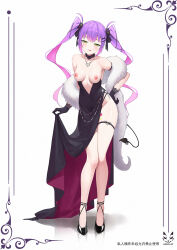 Rule 34 | 1girl, :p, alternate costume, bare shoulders, black dress, black gloves, breasts, breasts out, closed mouth, clothes pull, dress, dress pull, evening gown, feather boa, full body, gloves, green eyes, groin, hand on own hip, high heels, highres, hololive, jewelry, long hair, medium breasts, multicolored hair, necklace, nipples, pink hair, purple hair, shadow cat (yingmiao), side slit, skirt hold, solo, thigh strap, tokoyami towa, tongue, tongue out, twintails, two-sided dress, two-sided fabric, two-tone hair, virtual youtuber, wide hips