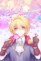 Rule 34 | 1girl, ahoge, blonde hair, blue eyes, blush, brown gloves, candy, candy cane, food, gloves, highres, holding, holding candy, holding food, holding lollipop, kiritani846, lollipop, looking at viewer, original, parted lips, short hair, smile, solo, star-shaped pupils, star (symbol), symbol-shaped pupils, teeth