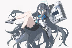 Rule 34 | 1girl, absurdly long hair, aris (blue archive), black skirt, blue archive, blue eyes, blue hair, blue necktie, clutching clothes, collared shirt, dark blue hair, floating, full body, halo, highres, leg up, long hair, looking at viewer, necktie, nekoreito, railgun, shirt, shoes, side ponytail, skirt, smile, sneakers, socks, solo, very long hair, white shirt