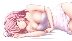 Rule 34 | 1girl, blush, breasts, cameltoe, cleavage, closed eyes, collarbone, covered erect nipples, large breasts, lying, nori tamago, on side, open mouth, panties, pink hair, saigyouji yuyuko, shiny skin, shirt, short hair, simple background, sleeping, solo, touhou, underwear, white background, white panties, white shirt
