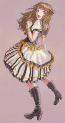 Rule 34 | 1girl, :d, black footwear, boots, bow, frilled skirt, frills, from behind, full body, hair bow, hand up, high heel boots, high heels, idolmaster, idolmaster million live!, knee boots, legs apart, light brown hair, long hair, looking at viewer, looking back, miyao miya, multicolored background, open mouth, parfait noir (idolmaster), pink eyes, puffy short sleeves, puffy sleeves, short sleeves, skirt, smile, solo, star (symbol), striped bow, striped clothes, striped skirt, tareme, thick eyebrows, vaison, vertical-striped clothes, vertical-striped skirt, wavy hair