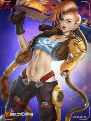 Rule 34 | 1girl, artist name, bare shoulders, braid, breasts, brown hair, cannon, choker, gloves, green eyes, highres, jacket, jewelry, jinx (league of legends), league of legends, long hair, looking at viewer, midriff, navel, necklace, nevandraws, odyssey jinx, open mouth, prosthesis, prosthetic arm, signature, single glove, small breasts, smile, solo, tank top, very long hair, wink