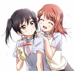 Rule 34 | 2girls, :d, ^ ^, black hair, blue shirt, blush, cellphone, cheek poking, closed eyes, collared shirt, commentary, earbuds, earphones, fuyuu310, green eyes, hair bun, hair ornament, hairclip, highres, holding, holding phone, looking at another, looking back, love live!, love live! nijigasaki high school idol club, love live! school idol festival all stars, medium hair, multiple girls, nijigasaki academy school uniform, open mouth, phone, poking, red hair, school uniform, shirt, side bun, single side bun, smartphone, smile, sweater vest, symbol-only commentary, takasaki yu, twintails, uehara ayumu, upper body, white background