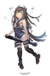Rule 34 | 1girl, artist name, black hair, black thighhighs, blue one-piece swimsuit, crop top, dated, full body, green eyes, hair between eyes, headgear, highres, i-47 (kancolle), kantai collection, long hair, one-piece swimsuit, rudder footwear, sailor collar, school swimsuit, see-through, see-through skirt, simple background, skirt, solo, swimsuit, swimsuit under clothes, thighhighs, torpedo, tsukibara, white background, white sailor collar