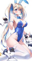 Rule 34 | 1girl, absurdres, animal, animal ears, blonde hair, blue hair, blue leotard, blue ribbon, breasts, cleavage, closed mouth, fake animal ears, fake tail, hair ribbon, highres, large breasts, leotard, long hair, looking at viewer, morros, multicolored hair, original, playboy bunny, purple eyes, rabbit, rabbit ears, rabbit tail, ribbon, simple background, sitting, solo, tail, thighhighs, thighs, twintails, two-tone hair, white background, white thighhighs