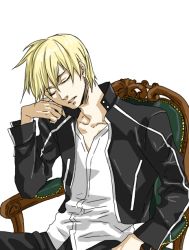 Rule 34 | 00s, 1boy, animated, animated gif, blonde hair, casual, chair, closed eyes, fate/stay night, fate (series), gilgamesh (fate), green upholstery, head rest, male focus, official alternate costume, red eyes, sitting, sleeping, smirk, smug, solo, white background
