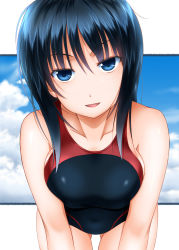 Rule 34 | 1girl, black hair, blue eyes, breasts, collarbone, competition swimsuit, highres, leaning forward, medium breasts, one-piece swimsuit, original, solo, sumeragi tomo, swimsuit