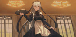 Rule 34 | 1girl, apron, black dress, blurry, blurry background, blush, borrowed character, breasts, cake, cake slice, chandelier, chihuri, closed mouth, curtains, depth of field, dress, food, hair between eyes, highres, holding, holding tray, juliet sleeves, long hair, long sleeves, looking at viewer, maid, maid headdress, medium breasts, orange eyes, original, puffy sleeves, silver hair, smile, solo, tray, very long hair, white apron, window