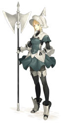 Rule 34 | 1girl, arm behind back, armor, axe, black gloves, black thighhighs, blonde hair, boots, breasts, collar, dress, full body, gloves, grey dress, halberd, headwear request, helmet, highres, holding, holding axe, holding weapon, km yama, looking at viewer, original, parted lips, pointy, pointy ears, polearm, shaded face, short hair, short sleeves, simple background, solo, standing, thighhighs, weapon, white background