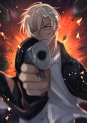 Rule 34 | 1boy, absurdres, aiming, aiming at viewer, amuro tooru, black jacket, blonde hair, blue eyes, blurry, cardigan, chitose (chitose 70207), clenched teeth, commentary request, copyright name, debris, depth of field, english text, gradient background, gun, hair between eyes, handgun, highres, holding, holding gun, holding weapon, jacket, male focus, meitantei conan, one eye closed, open clothes, open jacket, short hair, solo, teeth, upper body, weapon, white cardigan