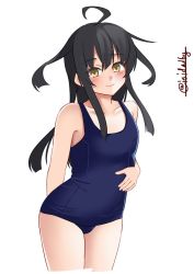Rule 34 | 1girl, ahoge, arms behind back, black hair, blue one-piece swimsuit, collarbone, cowboy shot, flat chest, hair between eyes, hand on own stomach, highres, ishida arata, jitome, kantai collection, long hair, looking at viewer, mikazuki (kancolle), one-piece swimsuit, school swimsuit, signature, simple background, smile, solo, swimsuit, twitter username, white background, yellow eyes