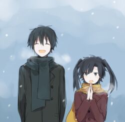 Rule 34 | 1boy, 1girl, aaniko, alternate costume, arms at sides, black eyes, black hair, blunt bangs, breath, brown coat, buttons, coat, day, enomoto takane, facing viewer, grey background, grey coat, grey scarf, hair between eyes, height difference, kagerou project, kokonose haruka, long sleeves, looking at another, looking to the side, mekakucity actors, open mouth, outdoors, own hands together, pocket, scarf, short hair, sketch, smile, snowing, twintails, upper body, winter clothes, yellow scarf