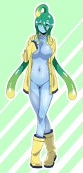 Rule 34 | 10s, 1girl, ahoge, arm behind back, blue skin, boots, breasts, coat, colored skin, full body, green eyes, green hair, hand on own chest, highres, large breasts, long hair, matching hair/eyes, misopetha-menos, monster girl, monster musume no iru nichijou, naked raincoat, navel, nipples, open clothes, open coat, raincoat, rubber boots, simple background, slime girl, smile, solo, striped, striped background, suu (monster musume), tentacle hair, transparent, very long hair, yellow footwear