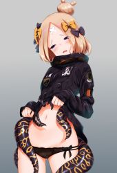 Rule 34 | 1girl, abigail williams (fate), abigail williams (traveling outfit) (fate), alternate hairstyle, bandaid, bandaid on face, bandaid on forehead, belt, black bow, black jacket, black panties, blonde hair, blue eyes, blush, bow, clothes lift, fate/grand order, fate (series), forehead, gradient background, grey background, hair bow, hair bun, heroic spirit traveling outfit, high collar, highres, hip focus, jacket, jacket lift, kuroshiro (ms-2420), long hair, navel, official alternate costume, open mouth, orange bow, panties, parted bangs, polka dot, polka dot bow, single hair bun, sleeves past fingers, sleeves past wrists, solo, tentacles, thighs, underwear, wavy mouth