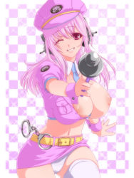 Rule 34 | 1girl, breasts, checkered background, cuffs, female focus, handcuffs, headphones, highres, huge breasts, large breasts, long hair, looking at viewer, mnjs, navel, necktie, nipples, nitroplus, one eye closed, panties, pink background, pink eyes, pink hair, police, police uniform, smile, solo, super sonico, tareme, thighhighs, underwear, uniform, white panties, white thighhighs, wink