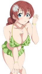 Rule 34 | 1girl, absurdres, bikini, blue eyes, blush, braid, breasts, brown hair, crust gm0, emma verde, flower, freckles, green bikini, hair flower, hair ornament, hand on own knee, highres, large breasts, looking at viewer, love live!, love live! nijigasaki high school idol club, low twin braids, low twintails, open mouth, simple background, solo, swimsuit, twin braids, twintails, white background