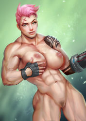 Rule 34 | 1girl, abs, absurdres, asymmetrical gloves, breasts, female pubic hair, fingerless gloves, gloves, green eyes, highres, large breasts, looking at viewer, mismatched gloves, muscular, muscular female, navel, nipples, nude, overwatch, overwatch 1, pink hair, pubic hair, pussy, scar, scar across eye, scar on face, grabbing own breast, short hair, solo, tattoo, uncensored, watermark, web address, ynorka chiu, zarya (overwatch)